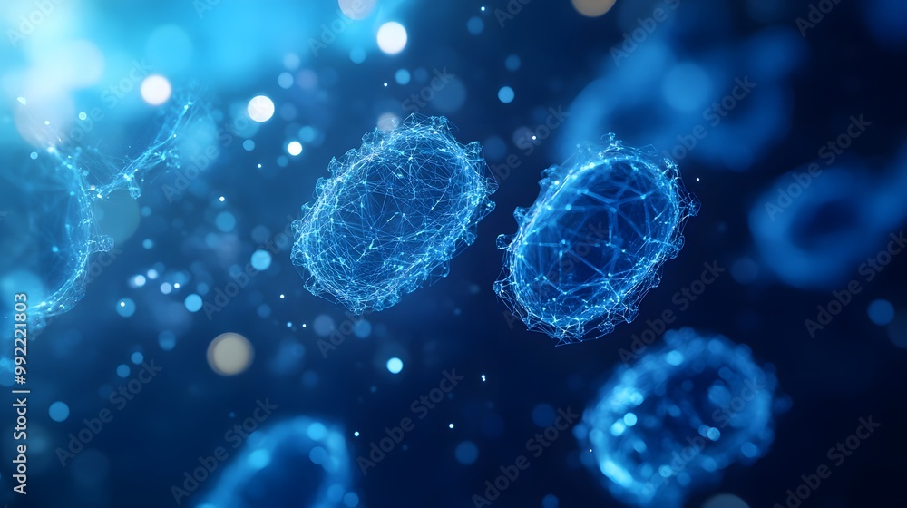 Poster abstract 3d rendering of interconnected blue spheres