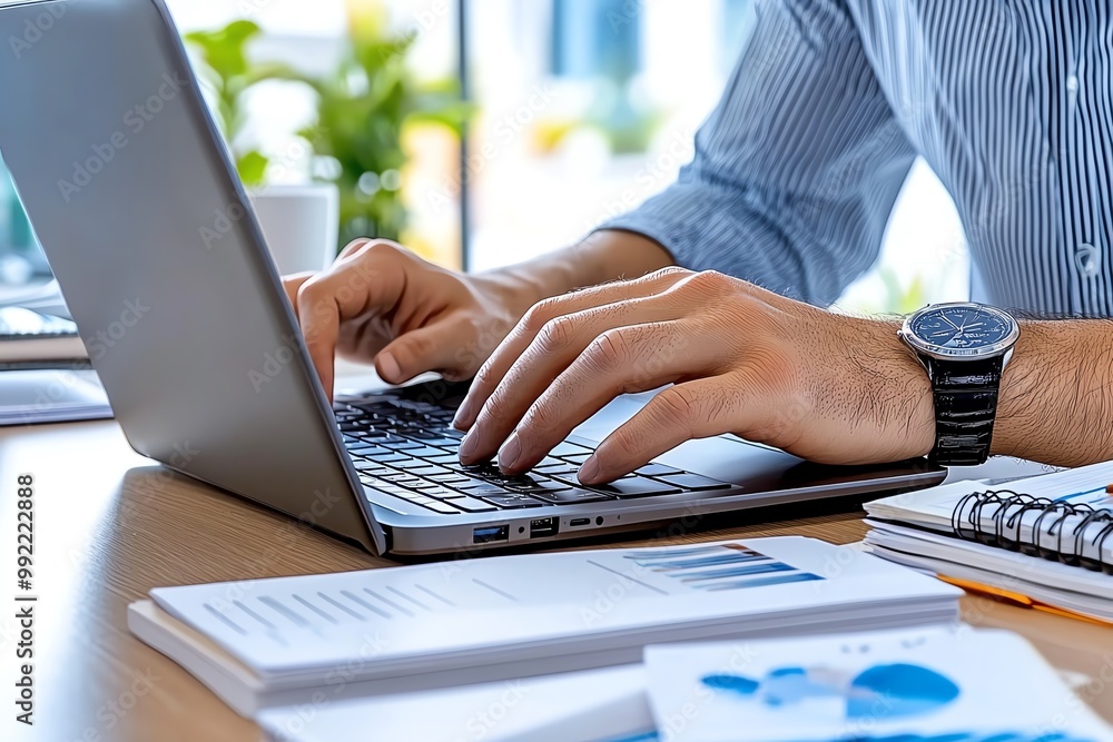 Aufkleber a busy professional typing on a laptop, sitting in a well-lit office with papers and a notebook neat