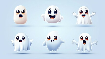 A set of six cartoonish white ghosts with different expressions