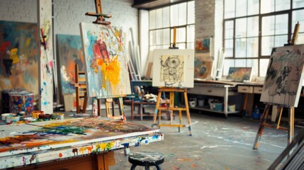 Obraz premium An empty art studio with canvases on easels, brushes, and a palette of mixed paints, ready for creative work