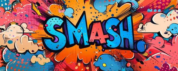 Playful pop art background featuring "SMASH." Dynamic visuals, Comic book elements, Bright vector