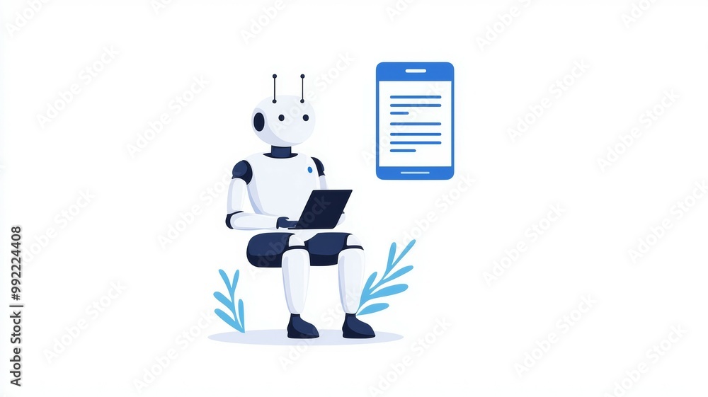 Poster a robot is sitting on a table with a laptop and a piece of paper