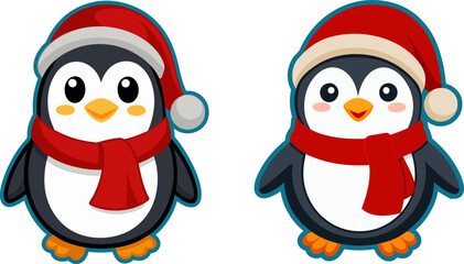 two cute penguin characters,Christmas Santa design elements. Holiday