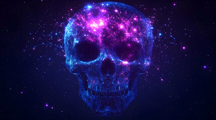 Abstract Skull with Glowing Lines and Stars in a Dark Space,  Digital Art Background Animation