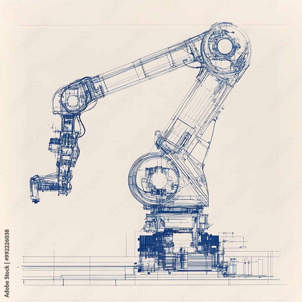Aufkleber blueprint sketch of robotic arm, automation and technology