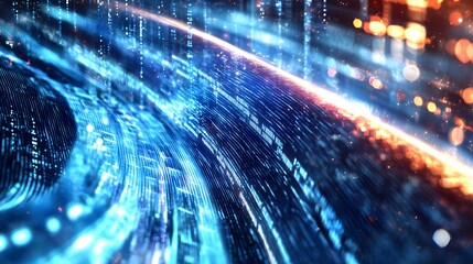 Abstract Digital Data Stream with Blue and Orange Lights