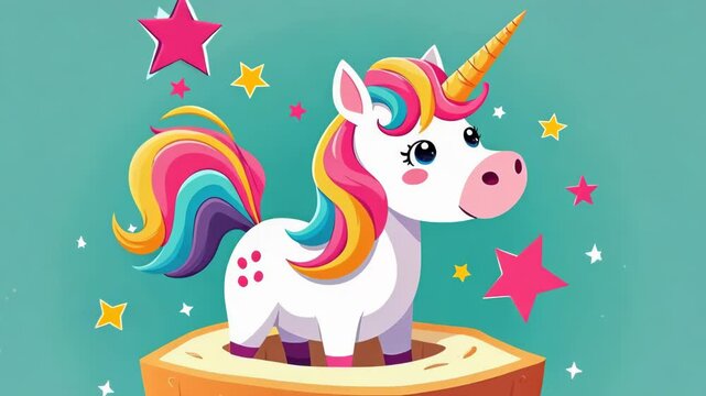 Colorful unicorn emerging from sliced bread on turquoise background. Rainbow mane, golden horn, stars. Playful, magical atmosphere. Flat 2D style, vibrant colors. Whimsical food art concept.	