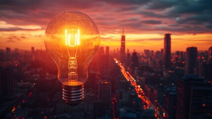A colossal light bulb standing tall above a modern city, radiating golden light that bathes skyscrapers and streets in a surreal glow, dusk setting, futuristic vibe