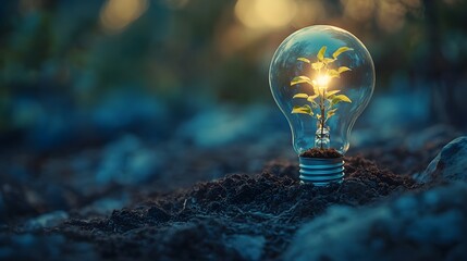 A light bulb planted in soil with a small tree flourishing inside, blending the concept of growth and innovation, sleek flat design in soft colors