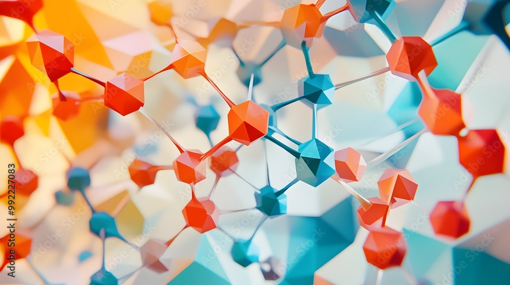 Poster abstract geometric network with red and blue polygonal nodes