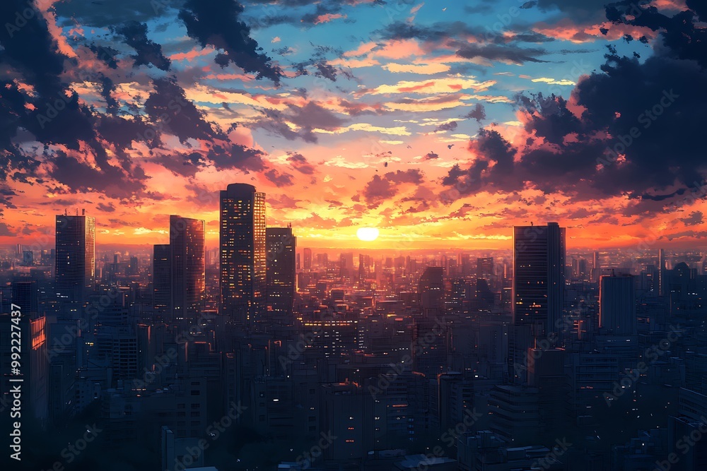 Canvas Prints Vibrant sunset over cityscape with dramatic clouds in digital art style