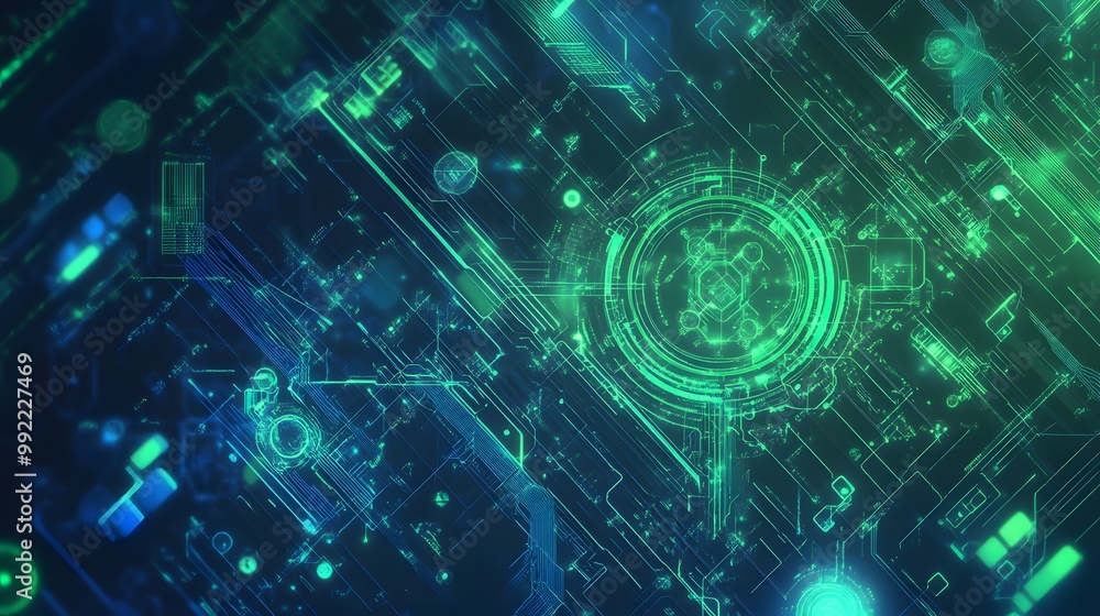 Poster abstract green and blue circuit board pattern with glowing lines and circles