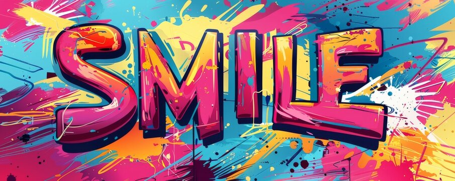 Colorful pop art background with "SMILE" text. Electric theme, Bold graphics, Dynamic vector background