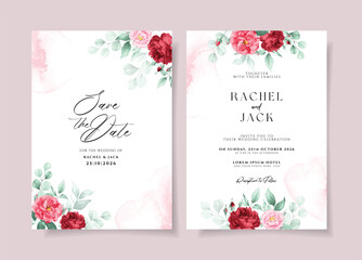 Beautiful wedding invitation card with red floral and leaves decoration. Roses wedding card.