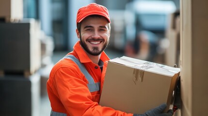 Delivery Worker Holding a Box in a Warehouse