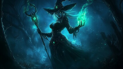 A mystical witch casting spells in a dark enchanted forest at twilight