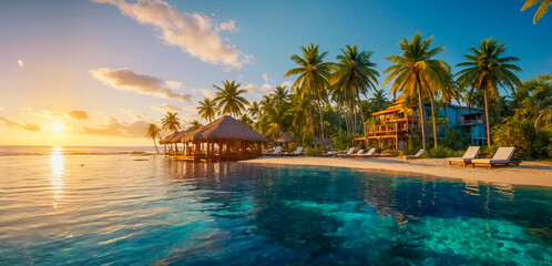Naklejka premium AI-generated images of a luxury tropical resort, A serene beach with golden sands, azure waters, lush palm trees, vibrant local culture, adventure, relaxation, and cherished memories await tourists