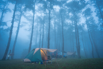 Beautiful scenery of the mist in the morning at the Camp Car Camping Site nature of Huai Nam Dang...