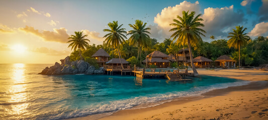 Obraz premium AI-generated images of a luxury tropical resort, A serene beach with golden sands, azure waters, lush palm trees, vibrant local culture, adventure, relaxation, and cherished memories await tourists