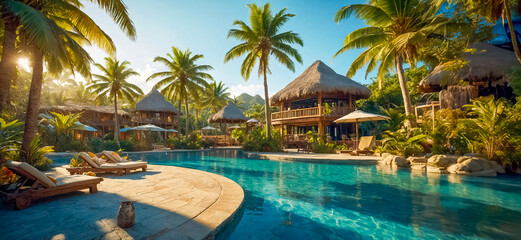 Fototapeta premium AI-generated images of a luxury tropical resort, A serene beach with golden sands, azure waters, lush palm trees, vibrant local culture, adventure, relaxation, and cherished memories await tourists