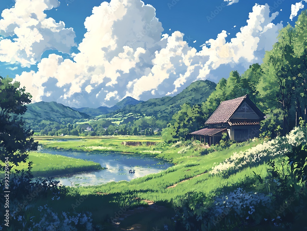 Poster Anime style countryside landscape with house, river, and mountain