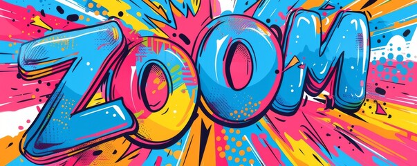 Fun pop art background with "ZOOM" text. Dynamic patterns, Bold graphics, Colorful vector