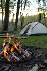 Wilderness retreat: camping, hustle of daily life to find solace in the natural world, setting up tents, cooking over open flames, and creating memories surrounded by beauty and peace of nature