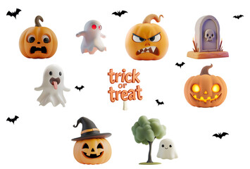 Set Collection of Halloween Ghosts and Pumpkins: 3D Cartoon Illustration and Graphic Elements for Halloween Parties, Isolated on Transparent Background, PNG