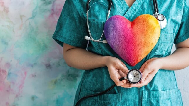 A healthcare worker holds a colorful heart pillow and a stethoscope, symbolizing compassion and care in the medical fieldHealth and medical checkup concept