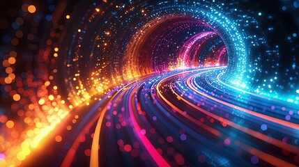 Abstract Tunnel of Lights with Curved Lines and Bokeh Effects