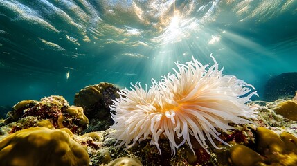 White Sea Anemone with Sunbeams Filtering Through the Ocean Surface