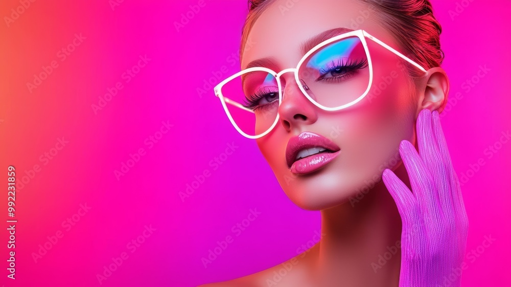 Poster A woman with neon colored glasses and a pink background