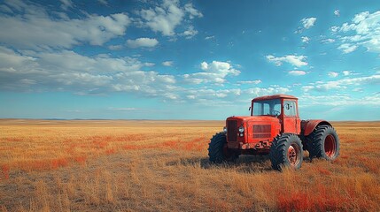 Rustic Red Tractor on a Golden Field Landscape