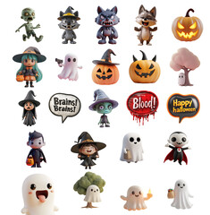 Mega Set Collection of Halloween Illustrations: 3D Cartoon Ghost, Pumpkin, Witch, and Vampire in Various Styles, Isolated on Transparent Background, PNG