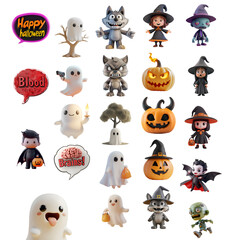Various Styles of 3D Cartoon Halloween Illustrations: Mega Set Collection of Ghost, Pumpkin, Witch, and Vampire, Isolated on Transparent Background, PNG