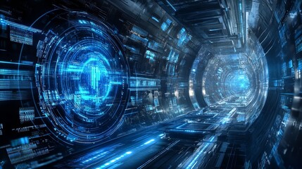 Futuristic Blue Sci Fi Tunnel with Glowing Lights and Digital Interface