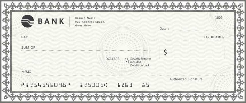 Blank bank check, checkbook cheque template with green guilloche, vector mockup. Bank payment check or money voucher and cash pay check certificate, dollar bill paycheck with guilloche pattern