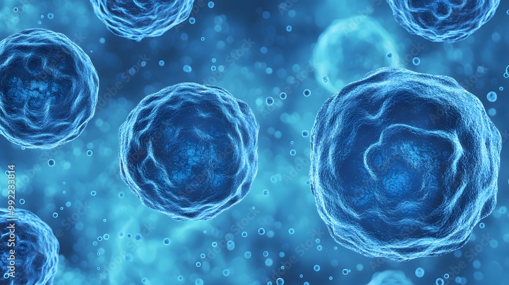 Poster blue cells in a microscopic view with a blurred background
