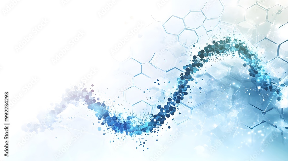 Poster abstract blue particles and hexagonal network in white background