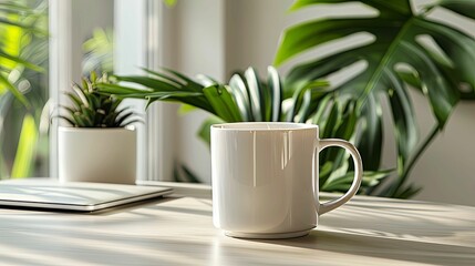 White Coffee Mug on a Wooden Table with Green Plants in the Background