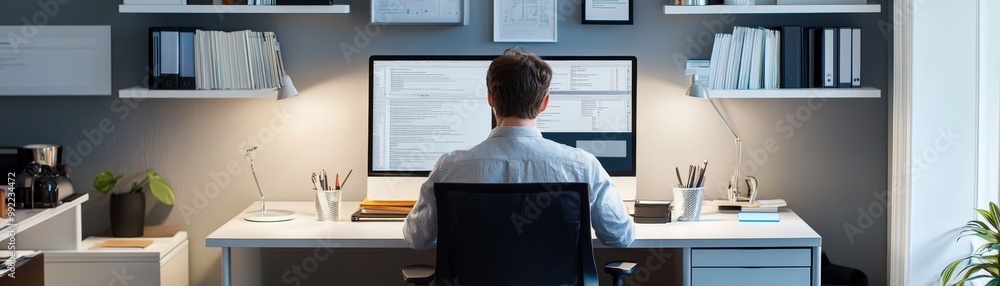 Aufkleber man working at a computer in a modern office