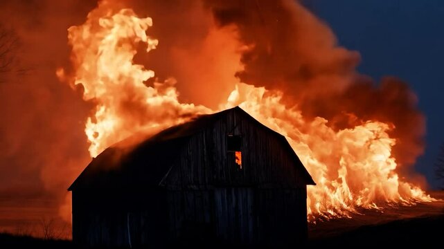 A wooden barn is engulfed in a fierce fire, with bright flames and thick smoke billowing upward, illuminating the surrounding darkness at night