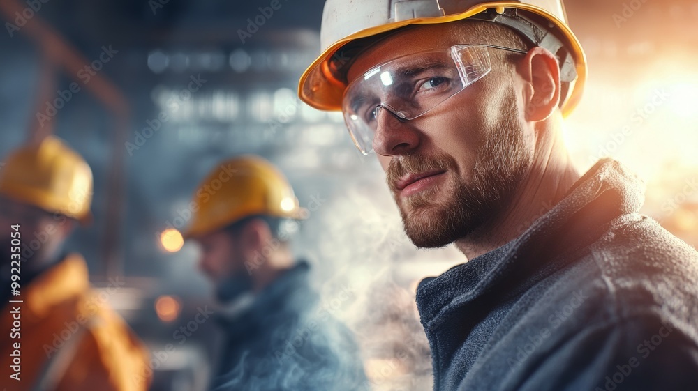 Wall mural A man in a hard hat and safety glasses is standing in front of two other men