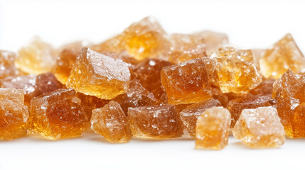 Brown sugar cubes are scattered in visually appealing arrangement, showcasing their rich amber color and crystalline texture.