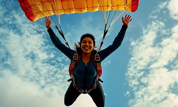 Woman skydiving with parachute in blue sky with ai generated.

