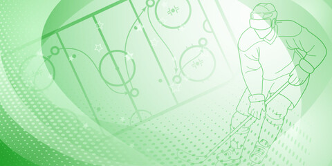 Hockey themed background in green. Digital illustration featuring a hockey player on the ice, with a dotted background.
