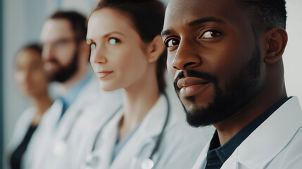 Obraz premium profile view of doctors at hospital african american male doctor goatee smiling wearing medical white coat stethoscope