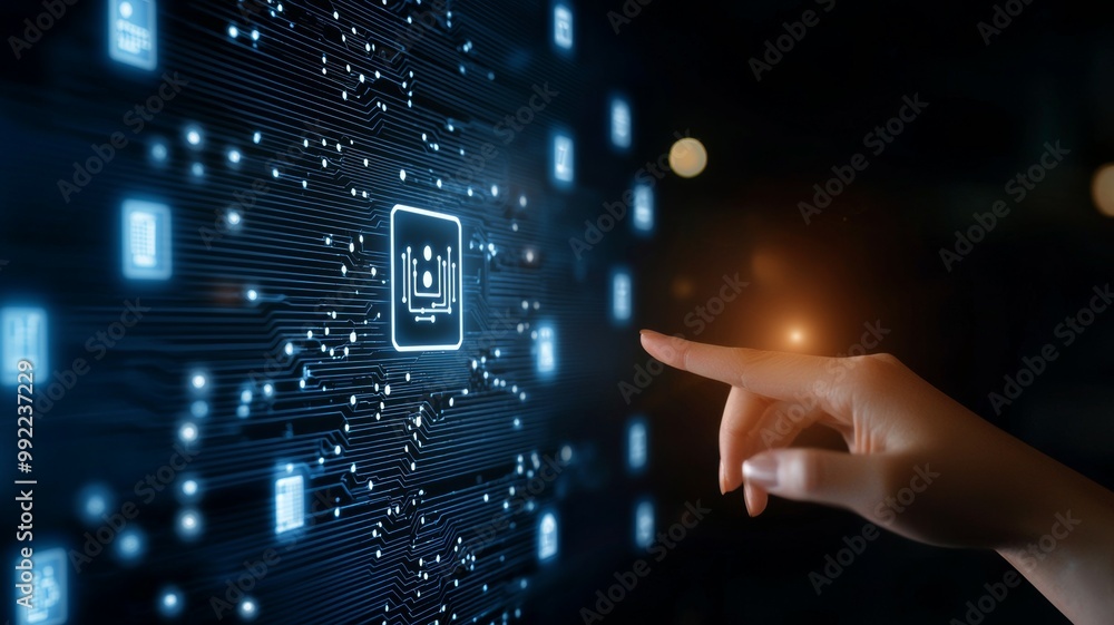 Poster a hand pointing at a computer screen with a blue background