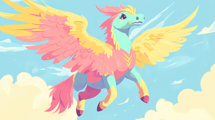 Fototapeta premium Colorful mid-century style flat illustration of a cute hippogriff in sky blue, rose, fuchsia, and yellow. Hippogriff. Illustration