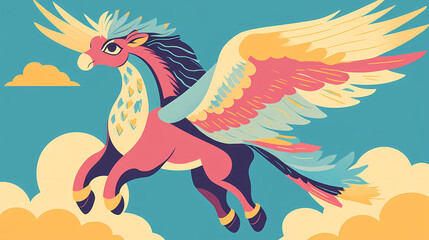 Obraz premium Colorful mid-century style flat illustration of a cute hippogriff in sky blue, rose, fuchsia, and yellow. Hippogriff. Illustration